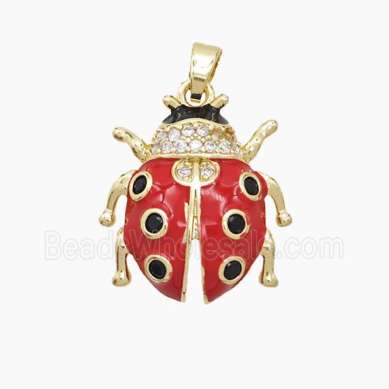 Copper Ladybug Pendant Pave Zirconia Red Enamel Gold Plated