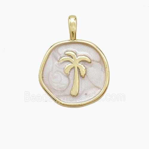 Copper Coconut Tree Pendant Palm White Enamel Circle Gold Plated