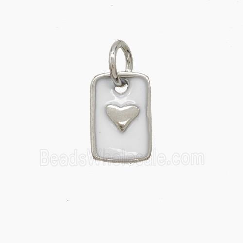 Copper Rectangle Heart Pendant White Enamel Platinum Plated