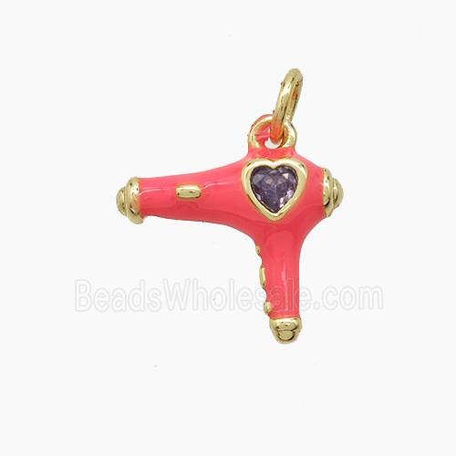 Copper Hairdriver Pendant Pave Zirconia Red Enamel Gold Plated