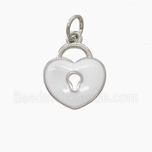 Copper Heart Lock Pendant White Enamel Platinum Plated