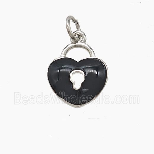 Copper Heart Lock Pendant Black Enamel Platinum Plated