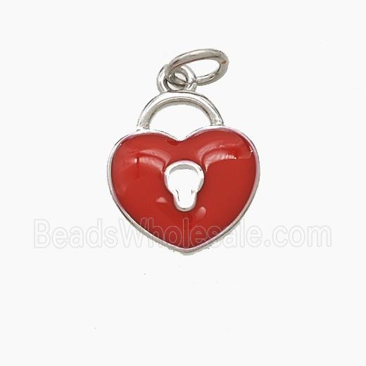 Copper Heart Lock Pendant Red Enamel Platinum Plated
