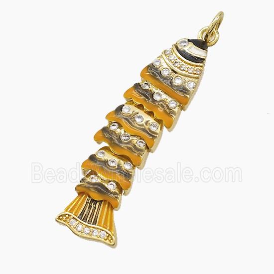 Copper Fish Pendant Pave Zirconia Brown Enamel Gold Plated