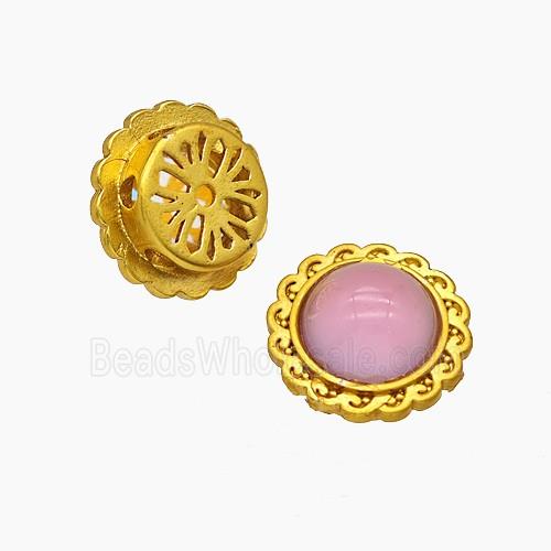 Copper Circle Beads Pave Pink Resin Gold Plated
