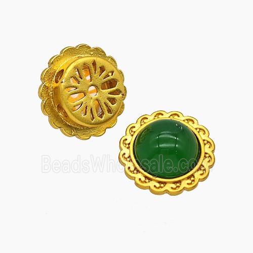 Copper Circle Beads Pave Green Jade Gold Plated