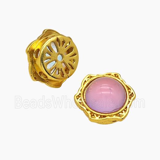 Copper Hexagon Beads Pave Pink Resin Gold Plated
