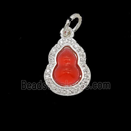 Copper Gourd Pendant Pave Zirconia Red Catseye Shiny Silver
