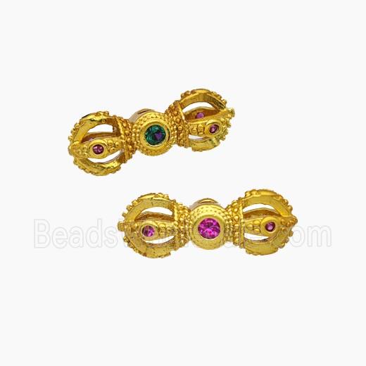 Tibetan Style Copper Vajra Pestle Beads Pave Zirconia Gold Plated