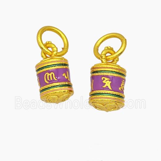 Tibetan Style Copper Barrel Pendant Lavender Enamel Gold Plated
