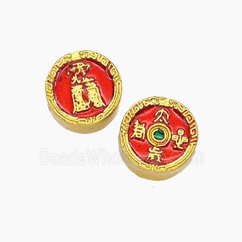 Chinese Style Copper Coin Beads Red Painted Gold Plated