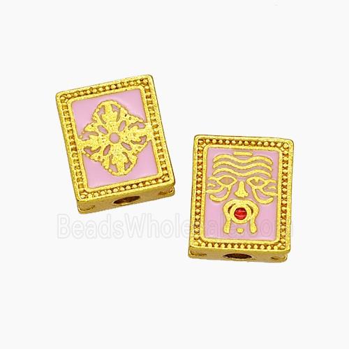 Tibetan Style Copper Buddha Beads Pink Painted Rectangle Gold Plated