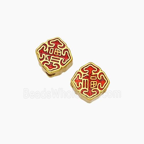 Copper Square Beads Red Painted Chinese Characters FU Gold Plated