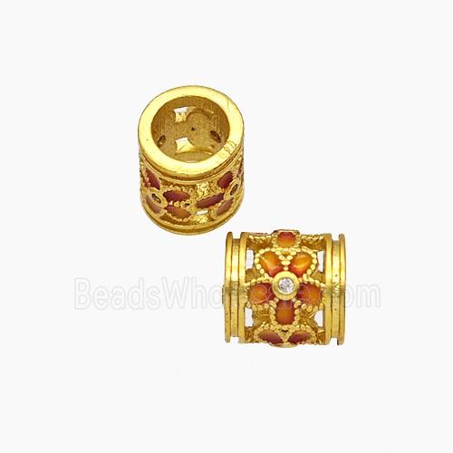 Copper Tube Beads Orange Painted Large Hole Flower Gold Plated