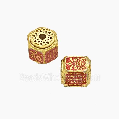 Tibetan Style Copper Tube Beads Red Painted Gold Plated