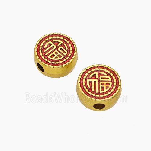 Copper Button Beads With Chinese Lucky Words Fu Red Painted Gold Plated