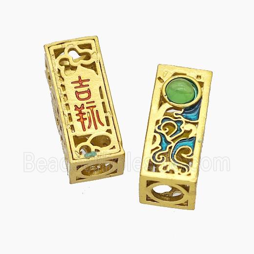 Copper Tube Beads With Chinese Lucky Words Painted Large Hole Gold Plated