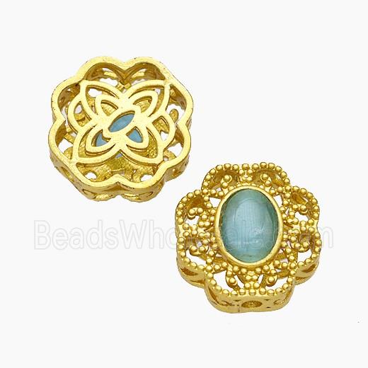 Copper Flower Beads Pave Catseye Gold Plated