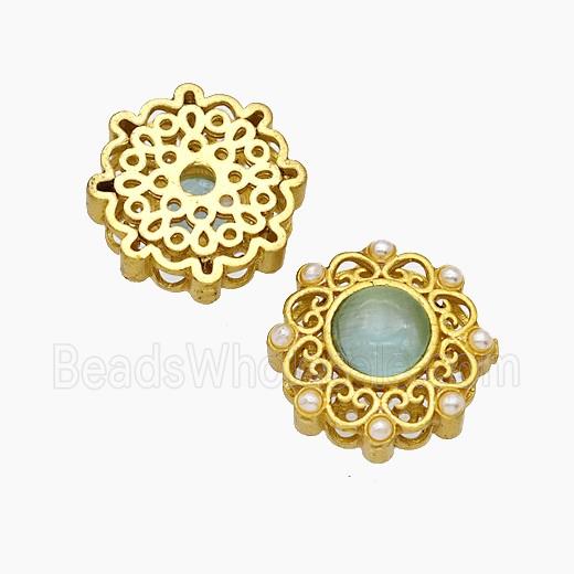 Copper Flower Beads Pave Catseye Gold Plated
