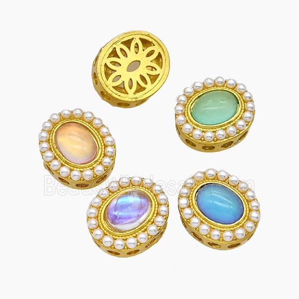 Copper Oval Beads Pave Gemstone Gold Plated Mixed