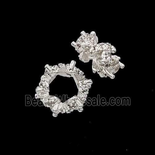 Copper Rondelle Beads Pave Zirconia Shiny Silver