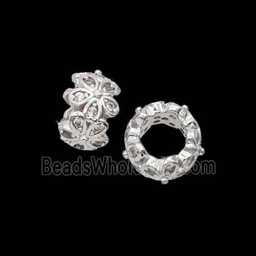 Copper Flower Beads Pave Zirconia Shiny Silver