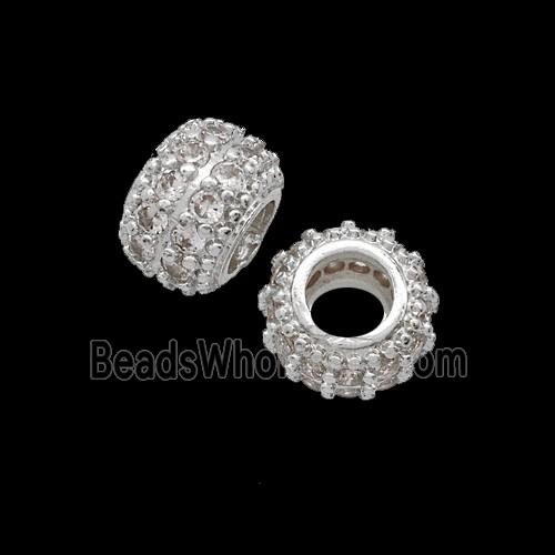 Copper Rondelle Beads Pave Zirconia Shiny Silver