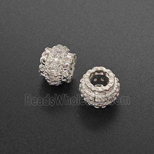 Copper Tube Beads Pave Zirconia Large Hole Shiny Silver
