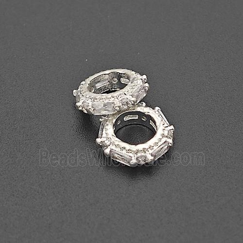 Copper Circle Beads Pave Zirconia Large Hole Shiny Silver