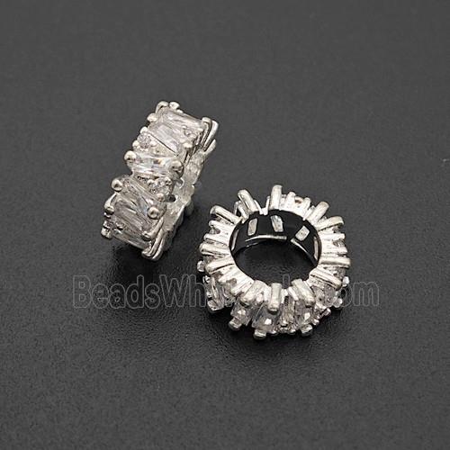 Copper Rondelle Beads Pave Zirconia Large Hole Shiny Silver