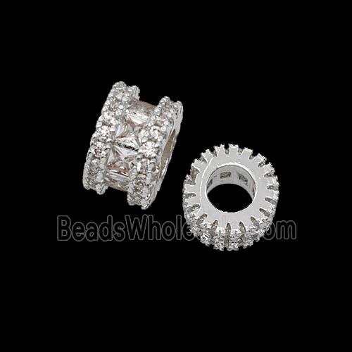 Copper Tube Beads Pave Zirconia Large Hole Shiny Silver