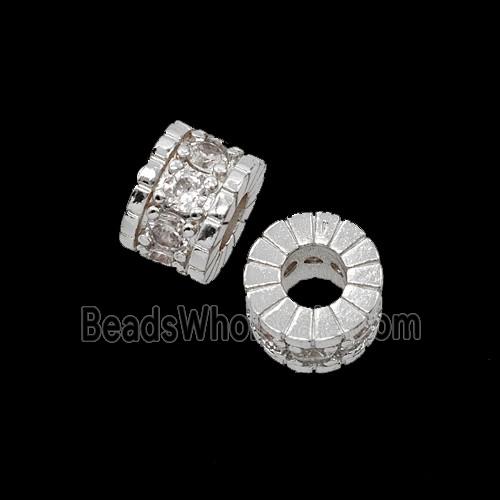 Copper Tube Beads Pave Zirconia Large Hole Shiny Silver
