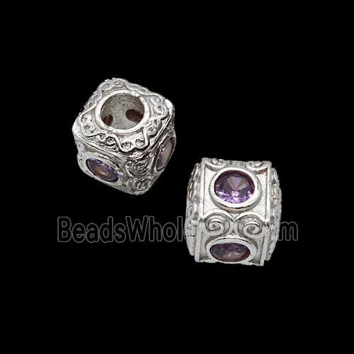 Copper Cube Beads Pave Zirconia Large Hole Shiny Silver