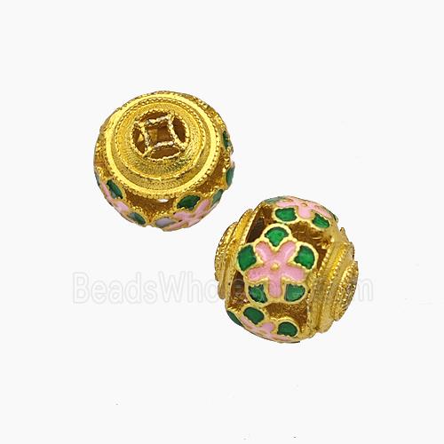 Copper Round Flower Beads Enamel Hollow Gold Plated