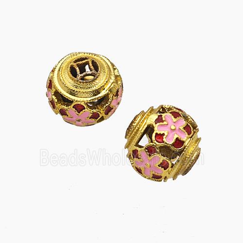 Copper Round Flower Beads Enamel Hollow Gold Plated