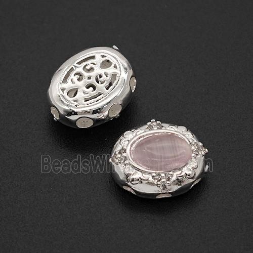 Copper Oval Beads Pave Catseye Shiny Silver