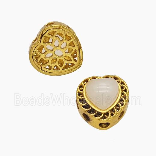 Copper Heart Beads Pave Catseye Gold Plated