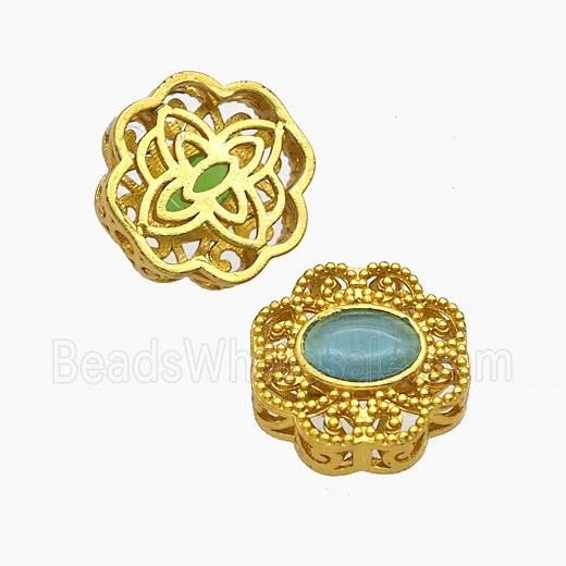 Copper Flower Beads Pave Catseye Gold Plated