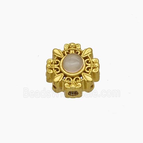 Copper Flower Beads Pave Catseye Gold Plated