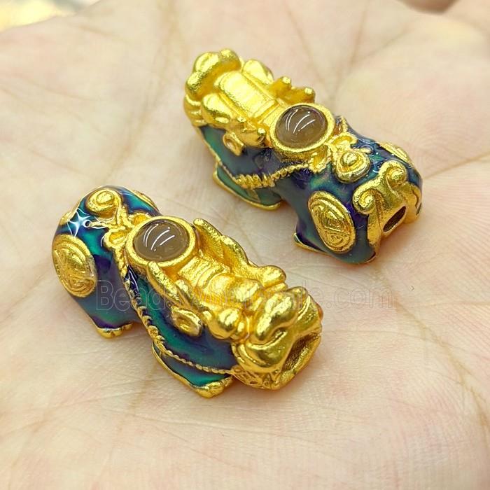 Copper Pixiu Beads Pave Crystal Enamel Large Hole Matte Gold
