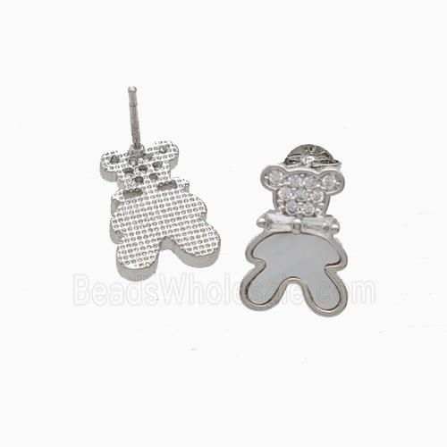 Copper Bear Stud Earrings Pave Zirconia Shell Platinum Plated
