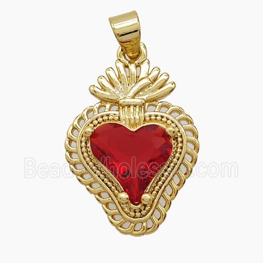 Copper Sacred Heart Pendant Pave Red Crystal Glass 18K Gold Plated