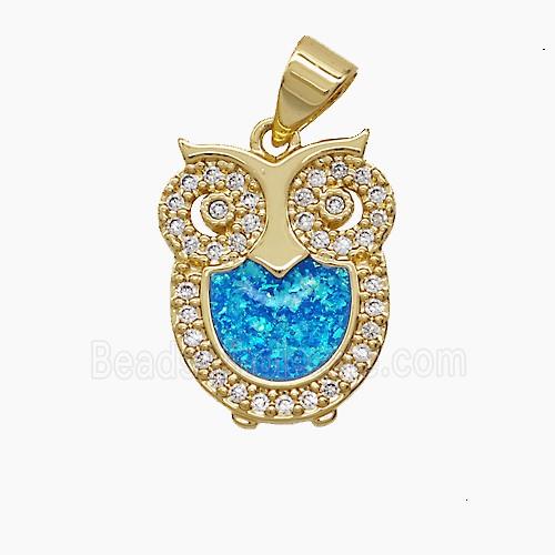Copper Owl Pendant Pave Zirconia Fireopal 18K Gold Plated