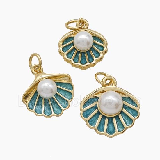 Copper Scallop Shell Pendant Pave Resin Green Enamel 18K Gold Plated