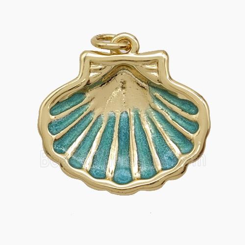 Copper Scallop Shell Pendant Green Enamel 18K Gold Plated