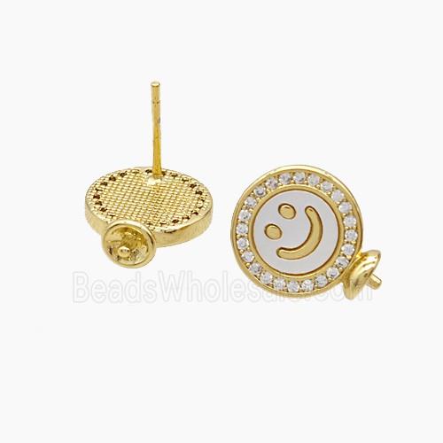 Copper Emoji Stud Earrings Pave Shell Smileface 18K Gold Plated