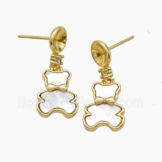Copper Bear Stud Earrings Pave Shell 18K Gold Plated