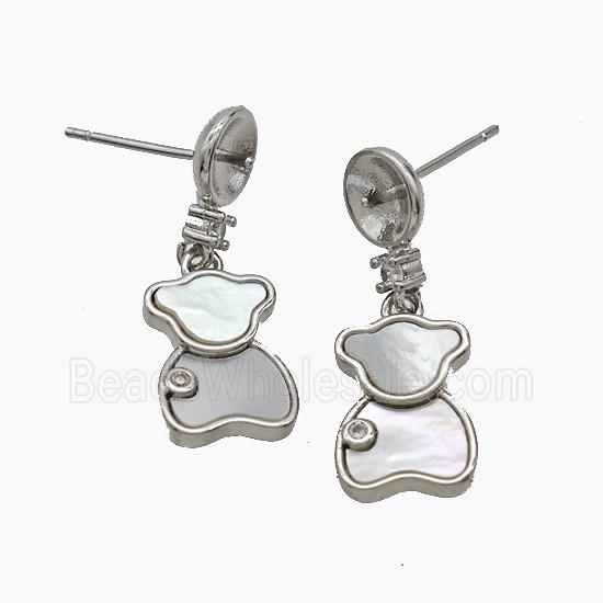 Copper Bear Stud Earrings Pave Shell Platinum Plated