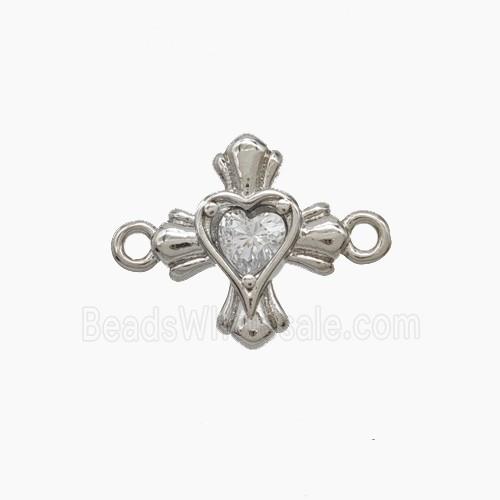 Copper Cross Heart Connector Pave Zirconia Platinum Plated