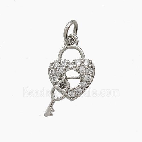 Copper Heart Lock And Key Pendant Pave Zirconia Platinum Plated